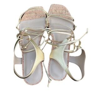 ANN TAYLOR flat strappy sandals cork and gold, leather upper, women’s size 10